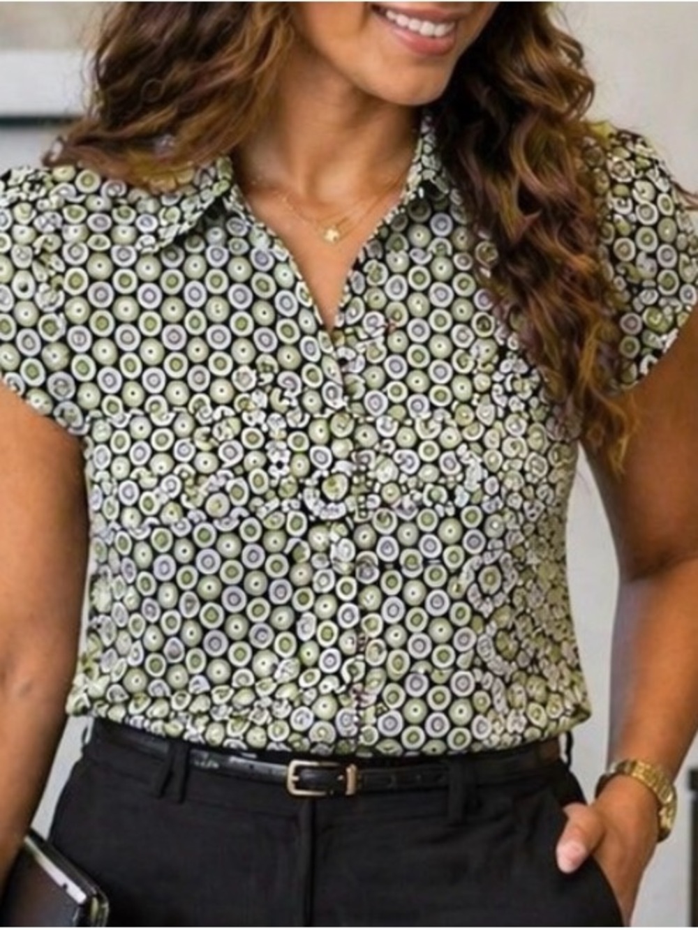George Olive Green Printed Short-Sleeve Collared Blouse